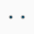 Bella Bleu 14K white gold earrings feature a floral design with blue and white diamonds (0.50 TCW) clustered at the center and clear stones surrounding, shown on a white background.