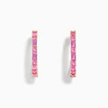 A pair of 14K Rose Gold Pink Sapphire Hoop Earrings with rectangular and round pink gemstones, displayed vertically on a plain white background.