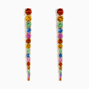 The 14K Yellow Gold Multi Sapphire Linear Drop Earrings feature a sequence of round sapphires in a rainbow gradient, elegantly set in gold.