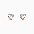 The 14K Rose Gold Diamond Open Heart Earrings feature each heart half outlined with sparkling diamond-like gemstones, shown against a white background.