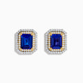 Nahla Siri 14K Two Tone Gold Tanzanite and Diamond Earrings feature rectangular, emerald-cut tanzanites framed by double halos of round diamonds in white metal and gold.