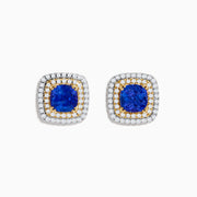 The Nahla Siri 14K White & Yellow Gold Tanzanite and Diamond Stud Earrings feature a large central blue tanzanite accented by rows of white and yellow diamonds, all set in luxurious white and yellow gold.