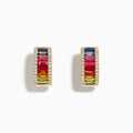 Watercolors 14K yellow gold small hoop earrings featuring vertical rows of multicolored sapphires bordered by sparkling diamonds, shown on a white background.