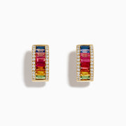 Watercolors 14K yellow gold small hoop earrings featuring vertical rows of multicolored sapphires bordered by sparkling diamonds, shown on a white background.