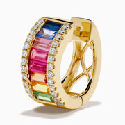 Watercolors 14K yellow gold small hoop earrings featuring vertical rows of multicolored sapphires bordered by sparkling diamonds, shown on a white background.