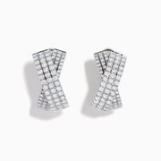 A pair of 14K white gold diamond pave crossover chunky hoop earrings, featuring an X-shaped design encrusted with multiple rows of sparkling diamonds, displayed on a plain white background.