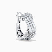 A pair of 14K white gold diamond pave crossover chunky hoop earrings, featuring an X-shaped design encrusted with multiple rows of sparkling diamonds, displayed on a plain white background.