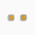 The Canare 18K Two Tone Gold White and Yellow Diamond Earrings feature a square shape with a yellow diamond center, bordered by white diamonds, shining elegantly against a plain white background.