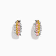 The 18K 3-Tone Gold White, Yellow and Pink Diamond Huggie Earrings feature three rows of diamonds set in white, yellow, and pink gold, showcased in a curved, oval-shaped design against a white background.