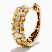 D'Oro 14K Yellow Gold Diamond Huggie Earrings feature a beaded design with clustered round white gemstones along the hoops, shown on a plain white background.