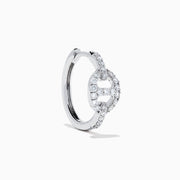 14K White Gold Diamond Link Mini Hoop Earrings featuring baguette and round-cut diamonds in an oval design, displayed against a plain white background.