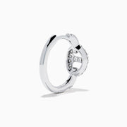 14K White Gold Diamond Link Mini Hoop Earrings featuring baguette and round-cut diamonds in an oval design, displayed against a plain white background.