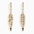 The 14K Yellow Gold Diamond Feather Dangle Earrings feature a leaf-inspired design with sparkling diamonds along the center, shown against a plain white background.