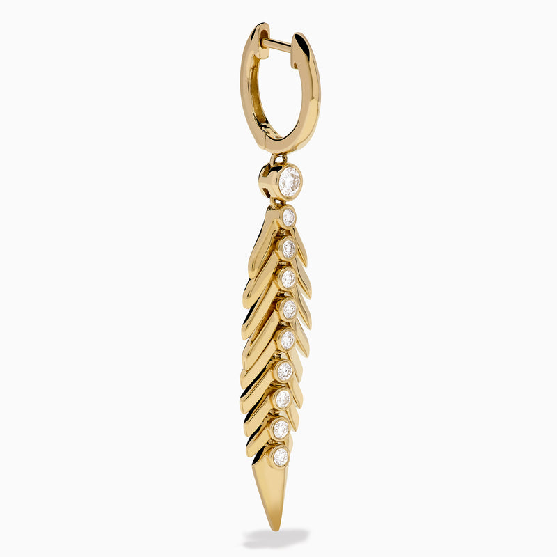 The 14K Yellow Gold Diamond Feather Dangle Earrings feature a leaf-inspired design with sparkling diamonds along the center, shown against a plain white background.