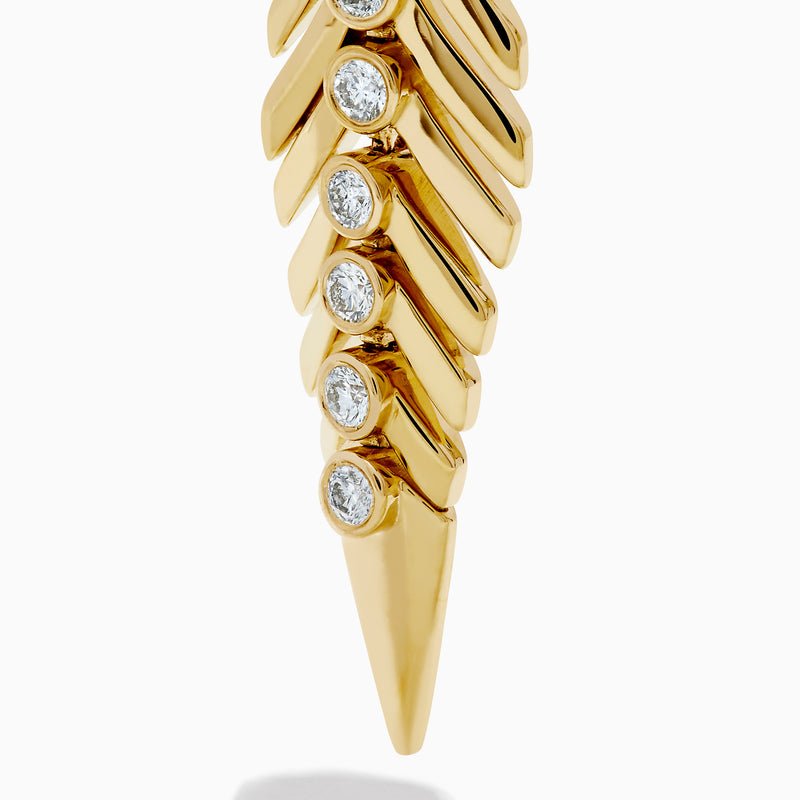 The 14K Yellow Gold Diamond Feather Dangle Earrings feature a leaf-inspired design with sparkling diamonds along the center, shown against a plain white background.
