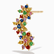 The Watercolors 14K Yellow Gold Multi Sapphire and Tsavorite Floral Ear Climber Stud Earrings feature colorful gemstone clusters in a vibrant floral design, showcased against a white background.