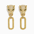 The Signature 14K Yellow Gold Diamond and Emerald Panther Drop Earrings feature panther heads with diamond detailing, emerald eyes, and each holds a gold chain loop in its mouth.
