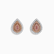The 18K Two-Tone Gold Pink and White Diamond Pear Halo Stud Earrings showcase teardrop-shaped pink gemstones at the center, encircled by pink and white diamonds, all set against a white background.