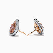 The 18K Two-Tone Gold Pink and White Diamond Pear Halo Stud Earrings showcase teardrop-shaped pink gemstones at the center, encircled by pink and white diamonds, all set against a white background.
