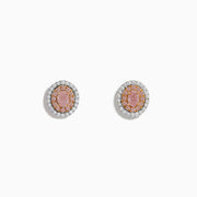 18K Two Tone Gold Pink and White Diamond Halo Stud Earrings feature a central pink stone encircled by a halo of sparkling white diamonds in an elegant circular design.