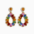 Watercolors 14K Yellow Gold Multi Sapphire and Diamond Teardrop Earrings feature vibrant green, blue, pink, red, and orange sapphires accented with sparkling diamonds for a colorful and elegant look.