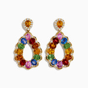 Watercolors 14K Yellow Gold Multi Sapphire and Diamond Teardrop Earrings feature vibrant green, blue, pink, red, and orange sapphires accented with sparkling diamonds for a colorful and elegant look.