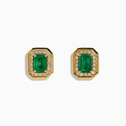 The 14K Yellow Gold Emerald and Diamond Halo Stud Earrings feature rectangular emerald-green stones surrounded by a sparkling diamond halo, set in yellow gold and shown against a white background.