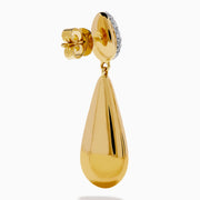 The 14K Yellow Gold Diamond Pave & Polished Teardrop Earrings feature oval silver tops with sparkling diamond accents and elegant yellow gold teardrop pendants for a refined look.