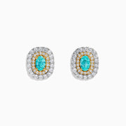 The 18K Two-Tone Gold Paraiba and Diamond Cushion Halo Stud Earrings feature oval Paraiba gemstones set in gold, surrounded by two rows of round white diamonds in a rectangular halo design.