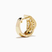 The 14K Yellow Gold and Diamond Textured Wave Mini Hoop Earrings feature a wavy design with diamond accents at the center, set against a white background.