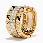 The 14K Yellow Gold Studded Diamond Chunky Mini Hoop Earrings feature a geometric design with two vertical rows of sparkling diamonds, styled as chic mini hoops on a plain white background.
