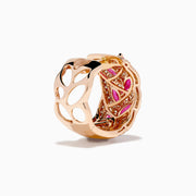 The 14K Rose Gold Marquise Ruby and Diamond Leaf Earrings feature marquise-shaped rubies and sparkling diamonds in an elegant leaf pattern, beautifully displayed on a plain white background.