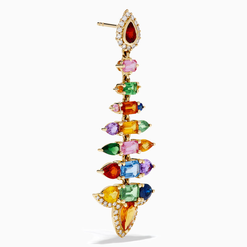 The Watercolors 14K Yellow Gold Multi Sapphire and Diamond Chandelier Earrings showcase colorful sapphires in various shapes, arranged symmetrically with diamond accents in a striking, tiered design.