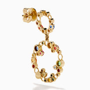 Watercolors 14K Gold Multi Sapphire and Diamond Dangle Bubble Earrings feature two linked open circles adorned with blue, green, yellow, pink, red, and clear sapphires plus diamonds for an eye-catching pop of color.