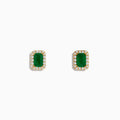 The 14K Yellow Gold Diamond Halo Emerald Stud Earrings feature rectangular emeralds framed by sparkling diamonds, set in yellow gold and shown against a plain white background.