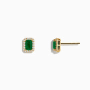 The 14K Yellow Gold Diamond Halo Emerald Stud Earrings feature rectangular emeralds framed by sparkling diamonds, set in yellow gold and shown against a plain white background.