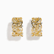 The 14K Yellow Gold Diamond Filigree Vine Hoop Earrings feature intricate vine scrollwork and sparkling diamonds, displayed on a plain white background.
