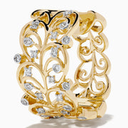 The 14K Yellow Gold Diamond Filigree Vine Hoop Earrings feature intricate vine scrollwork and sparkling diamonds, displayed on a plain white background.
