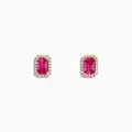 14K Rose Gold Pink Sapphire and Diamond Earrings featuring rectangular pink sapphires bordered by small round diamonds, set in rose gold, displayed on a white background.