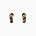 The 14K Yellow Gold Multi Color Sapphire and Diamond Sandal Earrings feature playful flip-flop shapes with vibrant sapphires and diamonds in floral and geometric patterns on a white background.