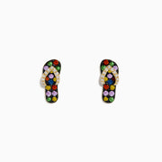 The 14K Yellow Gold Multi Color Sapphire and Diamond Sandal Earrings feature playful flip-flop shapes with vibrant sapphires and diamonds in floral and geometric patterns on a white background.