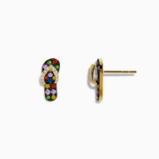 The 14K Yellow Gold Multi Color Sapphire and Diamond Sandal Earrings feature playful flip-flop shapes with vibrant sapphires and diamonds in floral and geometric patterns on a white background.