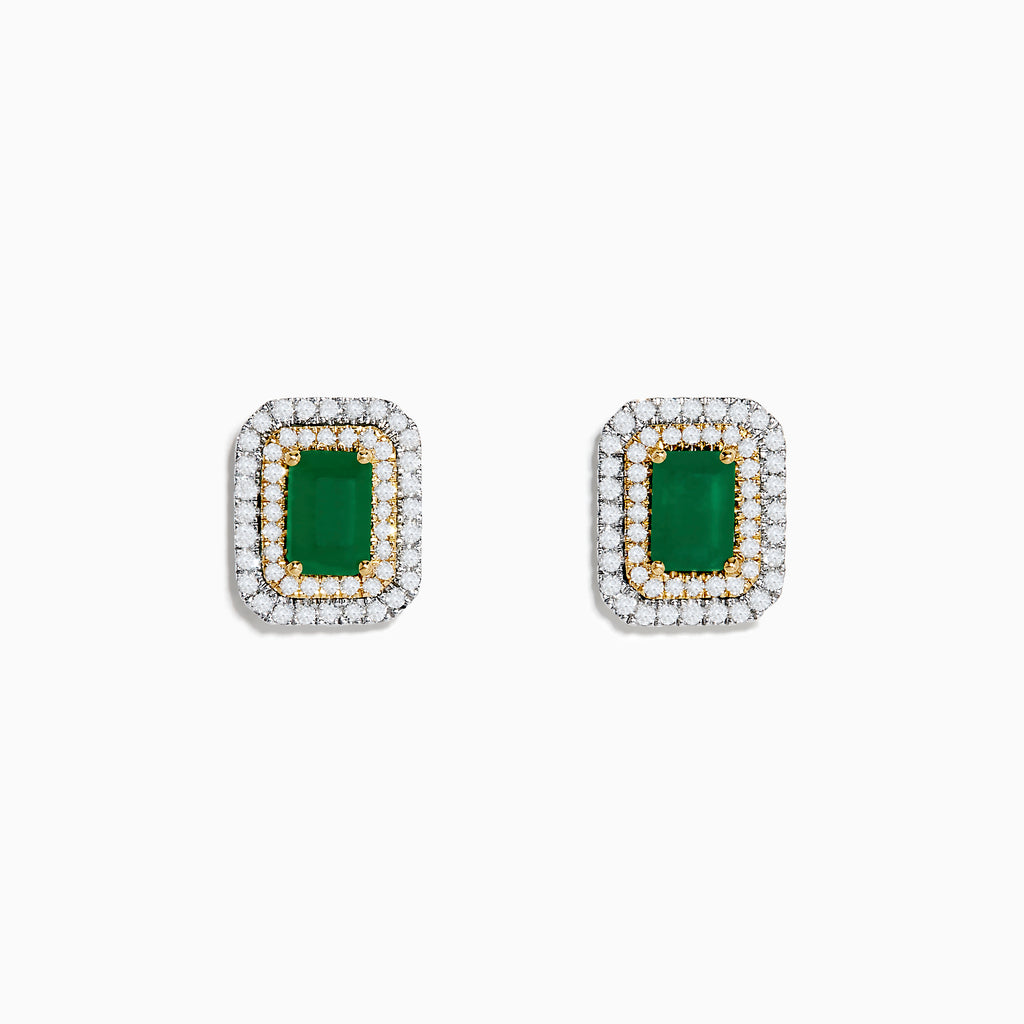 Introducing the Brasilica 14K White & Yellow Gold Emerald and Diamond Earrings, featuring rectangular emerald centers framed by sparkling diamonds in a double halo design.