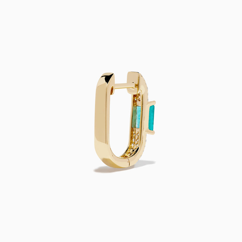 The Brasilica 14K Yellow Gold Emerald and Diamond Huggie Earrings feature rectangular green emeralds accented by rows of sparkling white diamonds, shown on a white background—an elegant, timeless accessory.