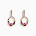 14K Rose Gold Multi Sapphire and Diamond Earrings featuring sparkling diamonds and sapphires in red, pink, blue, green, and yellow, set against a white background.