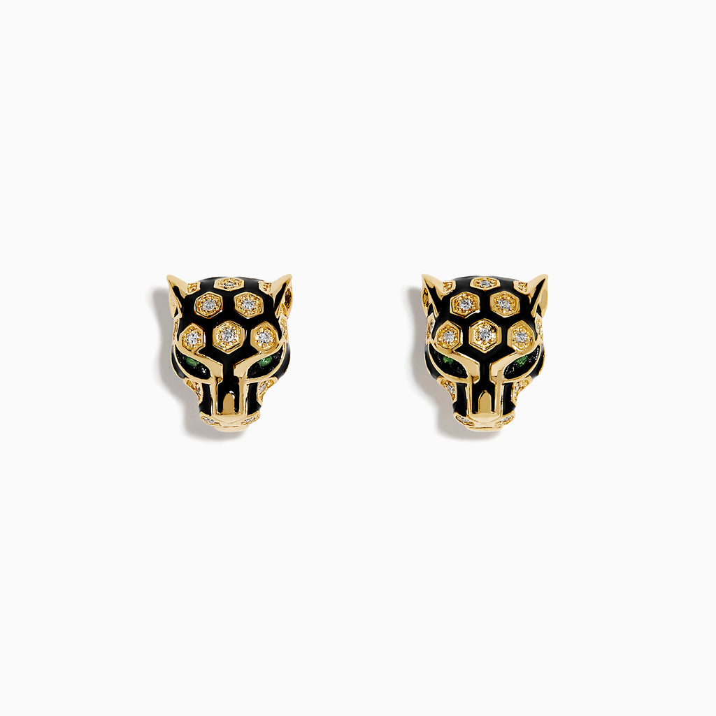 Signature 14K Yellow Gold Diamond and Enamel Panther Earrings featuring black and gold enamel, green eyes, and hexagonal diamond accents, showcased on a white background.