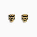 Signature 14K Yellow Gold Diamond and Enamel Panther Earrings featuring black and gold enamel, green eyes, and hexagonal diamond accents, showcased on a white background.