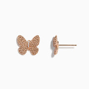 The 14K Rose Gold Diamond Butterfly Earrings, featuring sparkling crystals, are showcased on a white background.