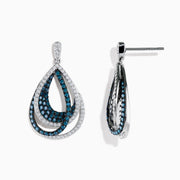 The Bella Bleu 14K White Gold Blue and White Diamond Earrings feature teardrop-shaped dangles with overlapping loops encrusted in blue and white diamonds, showcasing an intricate design against a white gold setting.