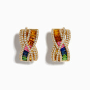 The 14K Yellow Gold Multi Color Sapphire and Diamond Crossover Hoop Earrings feature an intertwined design with sparkling diamonds and sapphires in yellow, pink, blue, and green for a luxurious, elegant look.